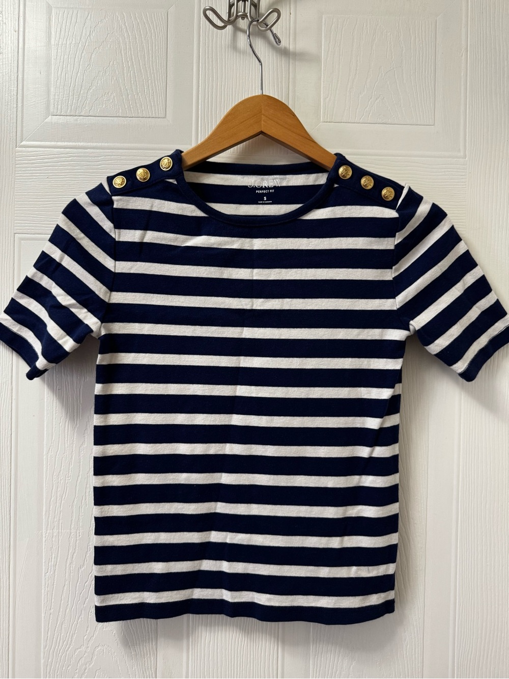 J. Crew Navy & White Striped Short Sleeve Tee with Gold Buttons